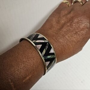 Vintage Alpaca Mexico Silver Half Cuff Bracelet with Embedded Enamel & Abalone